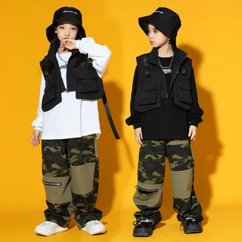 Детски облекла в стил хип-хоп, черно яке без ръкави, елек-карго, Камуфляжные ежедневни широки панталони с ципове за момичета, танцов костюм за момчета, дрехи