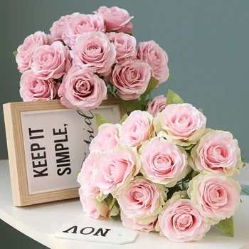 Голям букет от изкуствени рози за вашата сватба, Изкуствени цветя, Материали за декор на стени с цветен модел, Декорация на дома, Снимка, 12 глави / букет