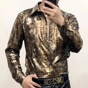 Мъжки бутиков тениска със златен змеиным принтом, леопардовый принт, лъскава риза за лице, приталенная секси риза голям размер за нощен клуб, Международна търговия, Европейската