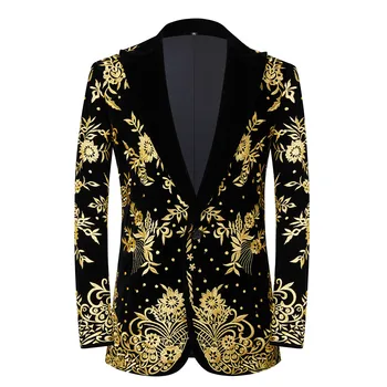 Black velvet сако със златни бродерии, мъжки сватба облекло, социален блейзър, костюм Homme Fashion Design, 1 бр. нови дрехи зимата