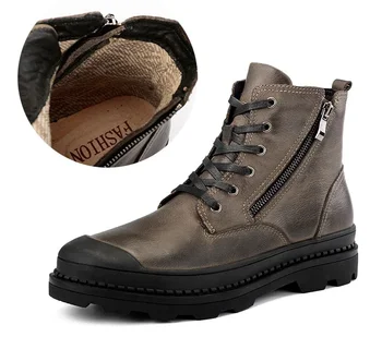 Кожени обувки за мъже, туристически обувки с кръгло бомбе ръчно изработени обувки, Обувки на платформа с шнур и страничен цип, Botas Militares Hombre