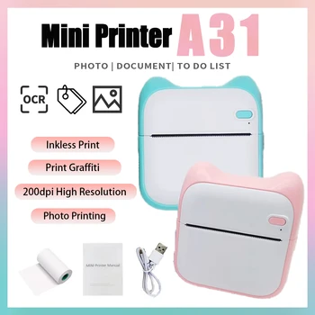Мини принтер A31 Джобен термопринтер с Bluetooth, преносим принтер за етикети без мастило, безжичен фото принтер за печат на етикети