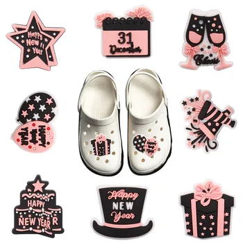 50ШТ PVC Талисмани Jibz Croc Kawaii честита Нова година, Шапка, Календар, Торта, балон, Шампанско, Звездни бижута, Аксесоари за обувки със собствените си ръце