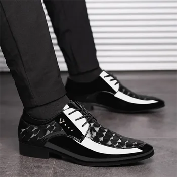 Мъжки обувки, Вечерни обувки, черни обувки от лачена кожа, Мъжки Бизнес Ежедневни обувки дантела с остри пръсти, за мъже, партита, офис L21