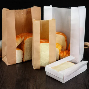 100 Бр Маслостойкий хартиена торба за хранителни продукти с прозрачен прозорец за опаковане на тостер за хляб Кафяво-бял плътен цвят