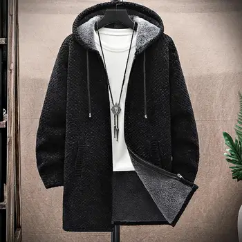Популярната мъжко яке Есен-зима с джобове, вязаная яке с качулка, мъжко палто със средна дължина за всекидневна употреба