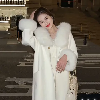 Корейски Вълнени палто с качулка за жени, новият старт на зимата 2022, Дебели яка от изкуствена вълна, яке от смесовой козината е със средна дължина, дамско палто