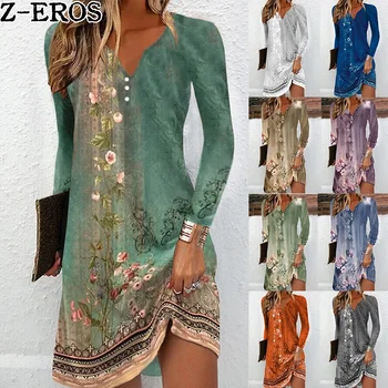 Z-EROS Есен Елегантна рокля с дълги ръкави и V-образно деколте и копчета неправилна форма, женски случайни Свободен пуловер с принтом, модерно вечерна рокля