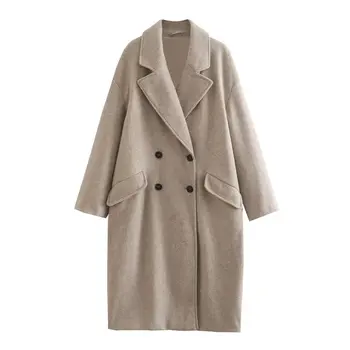 Жена пряко палта с ревери, ежедневното двубортное офис дамско дълго палто, есен-зима, обикновена улица палто