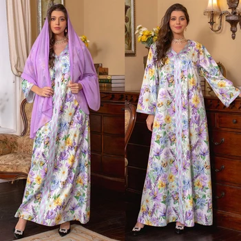 Елегантна мюсюлманската рокля с флорални принтом, дамски Арабската Абая 2023, Vestidos, Дубай, Турция, Марокански Кафтан, Ислямска дрехи, Индийското рокля, халат за баня