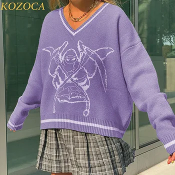 Kozoca Есен-зима, елегантен дизайн, всекидневни Свободен пуловер оверсайз с V-образно деколте, женски модерен пуловер с дълъг ръкав, дамски блузи, Нов