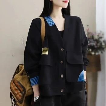 Ежедневно яке с дълъг ръкав и V-образно деколте, секси кратко винтажное пролет-есен корейското модно палто в стил мозайка, свободно женски ново палто 2023 година.