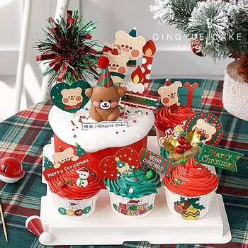 Коледна Сладкиши за Украса на Торта Кукла 3D Мечка и Заек Снежен човек Коледна Нощна Сцена Торта Topper Микро Пейзаж Коледната Украса