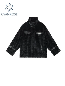 Дамски черната готическа палто от изкуствена кожа заек, топло винтажное палто в стил ретро от 90-те, свободни плюшени палта, дамски плюшени палто в стил Емо 2000-те, есен-зима
