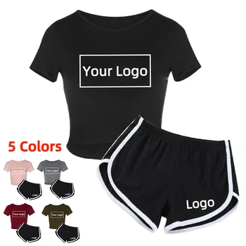 Жена обикновен спортен случаен комплект от две части с логото на поръчка, тениска с къс ръкав, Дишаща топ, къси панталони, спортни дрехи, облекло