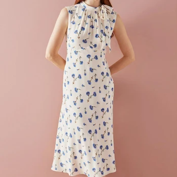 2023 Пролетно-лятно Женствена рокля със средна дължина, без ръкави, с кръгло деколте и принтом от 100% естествена коприна