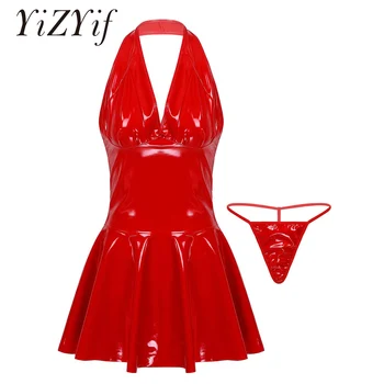 Секси червено-черно дебнещ рокля от изкуствена кожа M-4XL, лятно Женствена мини рокля от PVC-латекс, без ръкави, с V-образно деколте и с отворен гръб, вечерни клубни рокли