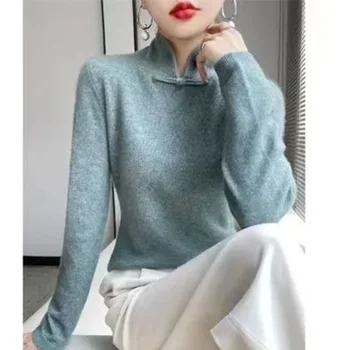 Есенно-зимния женски пуловер, обикновен, с полуприкрытым деколте, свободно намаляване, пуловер с дълъг ръкав, модни върхове на лигавицата