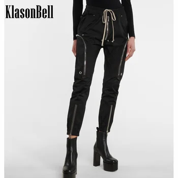 11.3 KlasonBell черни високи улични мулти джоба на Модата с цип за декорация на глезена дължина на панталони Женски