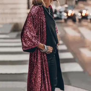 Модно дамско палто Свободно, намаляване, топла жилетка, дамски яке-наметало със средна дължина, с лъскави пайети
