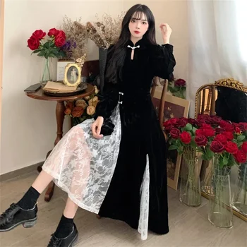 Подобряване на бархатное рокля в китайски стил Женски 2022 Есен-зима Мазнини мм Месо маска шоу Тънката дантела по-старото чувство на малък черен рокли