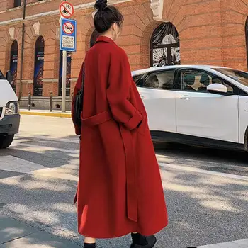Корейска Жена Демисезонное Черно Свободно Дълга Вълна палто, яке с колан, Вълнена жилетка, с разрезным подолом, Връхни дрехи, палта, 3XL