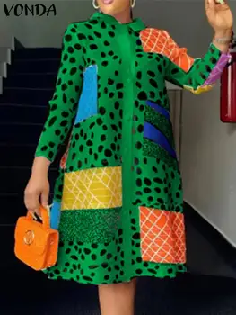 Женствена рокля Оверсайз VONDA, Артистична риза с леопардовым принтом, Сарафан, Модни копчета с ревери 2024, Рокли с дължина до коляното