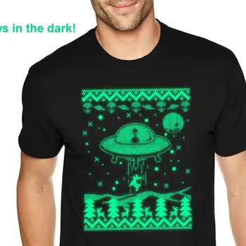 Мъжки t-shirt, похищающий Северен елен извънземно, светещи на Тъмно Коледен пуловер, НЛО, космическа галактика, Марсианская ракета, Коледна елха