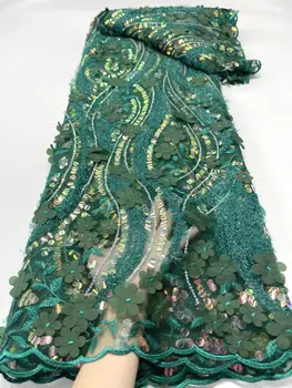 Зелената Африканска Плат С 3D Цветя, на 5 Ярда 2023, Висококачествено Лепило, Расшитый Пайети, Френска Нигерийская Лейси Плат За Сватба