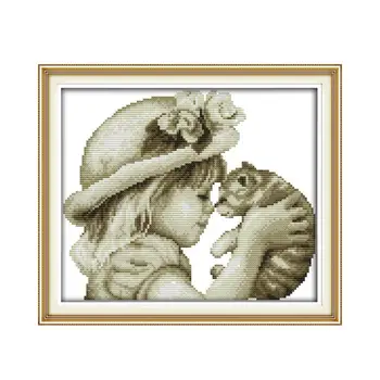 Едно красиво момиче и котка, определени за кръстат бод скица 18ct 14ct 11ct печатни платно памучен конец, бродерия САМ иглата ръчно изработени