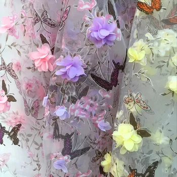 Лейси плат, ръчно изработени с цветя-пеперуди от органза, материал за сватбена рокля, от Плат за дамско облекло, 130 см. * 90 см (един двор) /лот