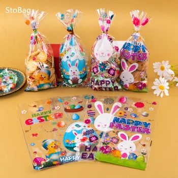 StoBag-Великденски Пластмасови опаковки за шоколадови бонбони, OPP, Шоколадови бисквитки, опаковъчна хартия за закуски, Жълто cartoony заек, най-Доброто пожелание за детски партита, 50 бр.