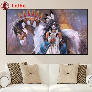 Диамантена картина на индийката и кон, на бродирани кръстат бод, диамантена мозайка, бродерия кристали, ръчно изработени изделия от кристал и мъниста