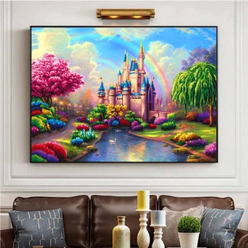 Направи си САМ Диамантена живопис Пейзаж на замъка Диамантена Бродерия Фентъзи Пейзаж в Страната на Чудесата Диамантена Мозайка Бродерия на кръстат бод Пълен Начало декор
