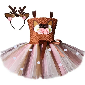 Рокля-пакетче Бамби с Анимационни елени, Коледни Лосове, Детско Сетчатое рокля-пончо принцеса, костюми за cosplay на Хелоуин, Коледна облекло