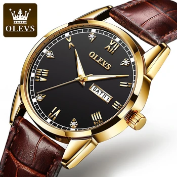 OLEVS 6896 Моден кварцов часовник, с каишка от естествена кожа, Кръгъл циферблат, Седмичен дисплей, Календар, светлинен