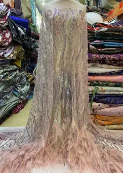 Африкански Тежък Бисерный Висококачествен Нигерийски Пайетки С перо J-1308529 Лейси Френска Тюлевая кърпа за вечерните рокли