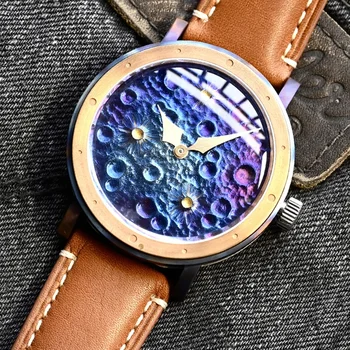 Тайнственият код 42 мм Мъжки часовник ST2130 Механизъм Автоматичен механичен Бронзов циферблат с лунен пейзаж Ръчен часовник Реколта часовник е Водоустойчив