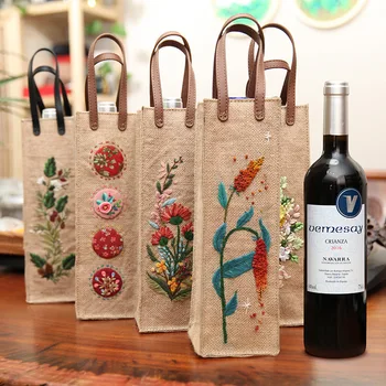 Чанти за вино от зебло Джутовая чанта за носене вино на съвсем малък с дръжки Тъканни Подаръчни опаковки за бутилки за вино с ръчно изработени бродерии Чанта за червено вино