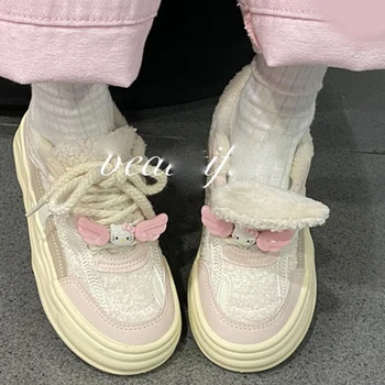 Малки Бели обувки Kawaii Sanrio Hellokittys с анимационни шарени, сладки Зимни плюшени универсални обувки за момичета, подарък за рожден Ден за приятелка