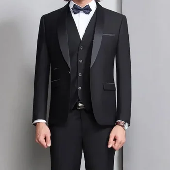 Модерен Черен костюм за мъже, Оборудвана, Однобортный, с ревери, удобен Вечерен яке от 3 теми, Панталони, Жилетка, Сватбен Мъжки блейзър