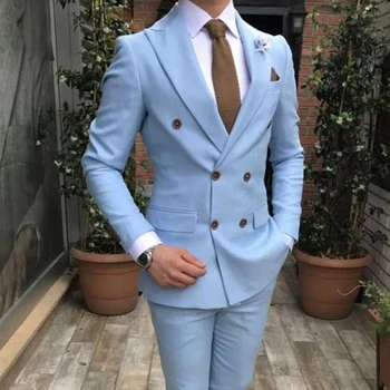 Оборудвана Двубортный костюм за мъже, светло синьо сватбен смокинг, за да оформите от 2 части, на Ревера 2023 г., модерен мъжки костюм по поръчка