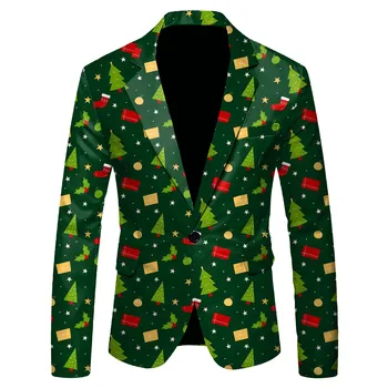 Модерен яке с принтом, мъжко палто коледно, червено-зелена забавен костюм Homme, Нов мъжки блейзър, сако големи размери за партита