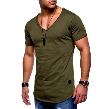A3232 Мъжки блузи, тениски, Пристигна мъжка тениска с дълбоко V-образно деколте и къс ръкав, Приталенная тениска, за мъже облегающая повседнев