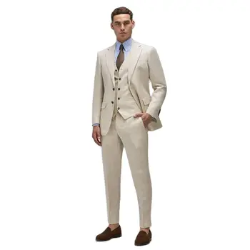 Бежово бельо костюм за мъже Slim Fit, комплект от 3 теми, яке, жилетка, панталони, Комплекти блейзеров за младоженеца на сватбата, Летни ежедневни тоалети