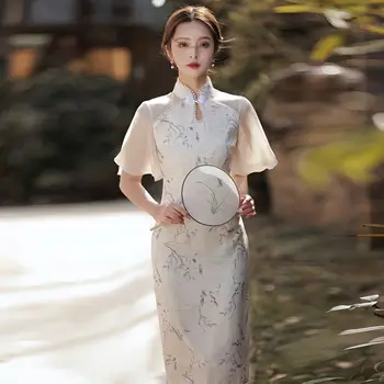 Бежевое Подобряване на Винтажное Елегантна рокля-Ципао с бродерия Рокля с ръкави-една тръба, приталенное, със Средна Дължина, Традиционен Китайски рокля-Ципао